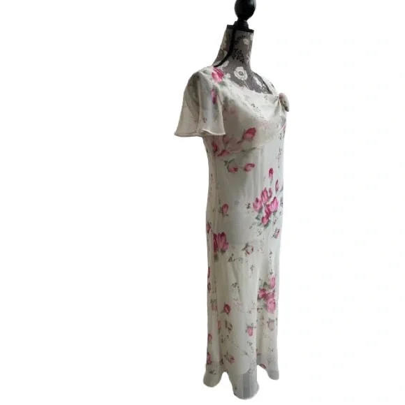 Dressbarn Women' 8 Ivory Cream Pink Floral Chiffon Short Sleeve Maxi Dress - Picture 4 of 16